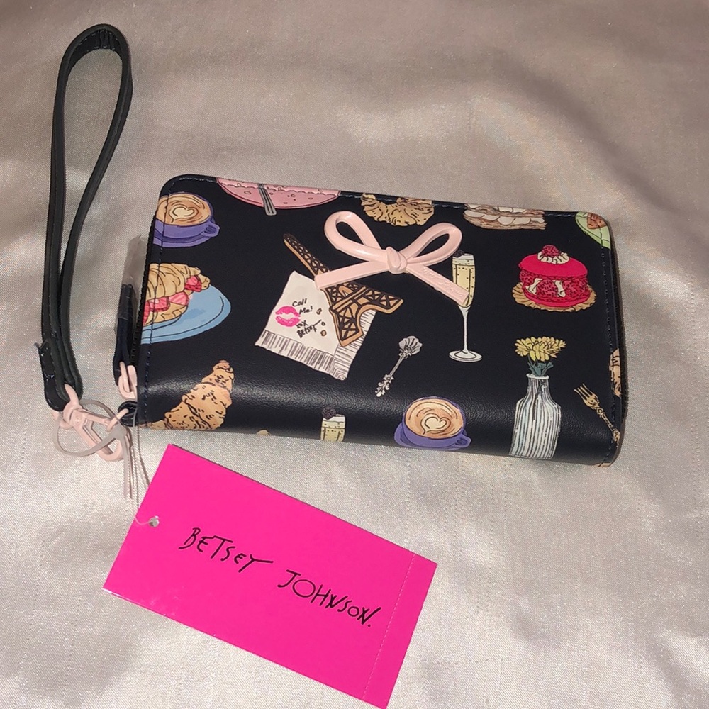 Betsey Johnson Black Faux Leather ZA Wallet Multi Colored Paris Dessert NWT